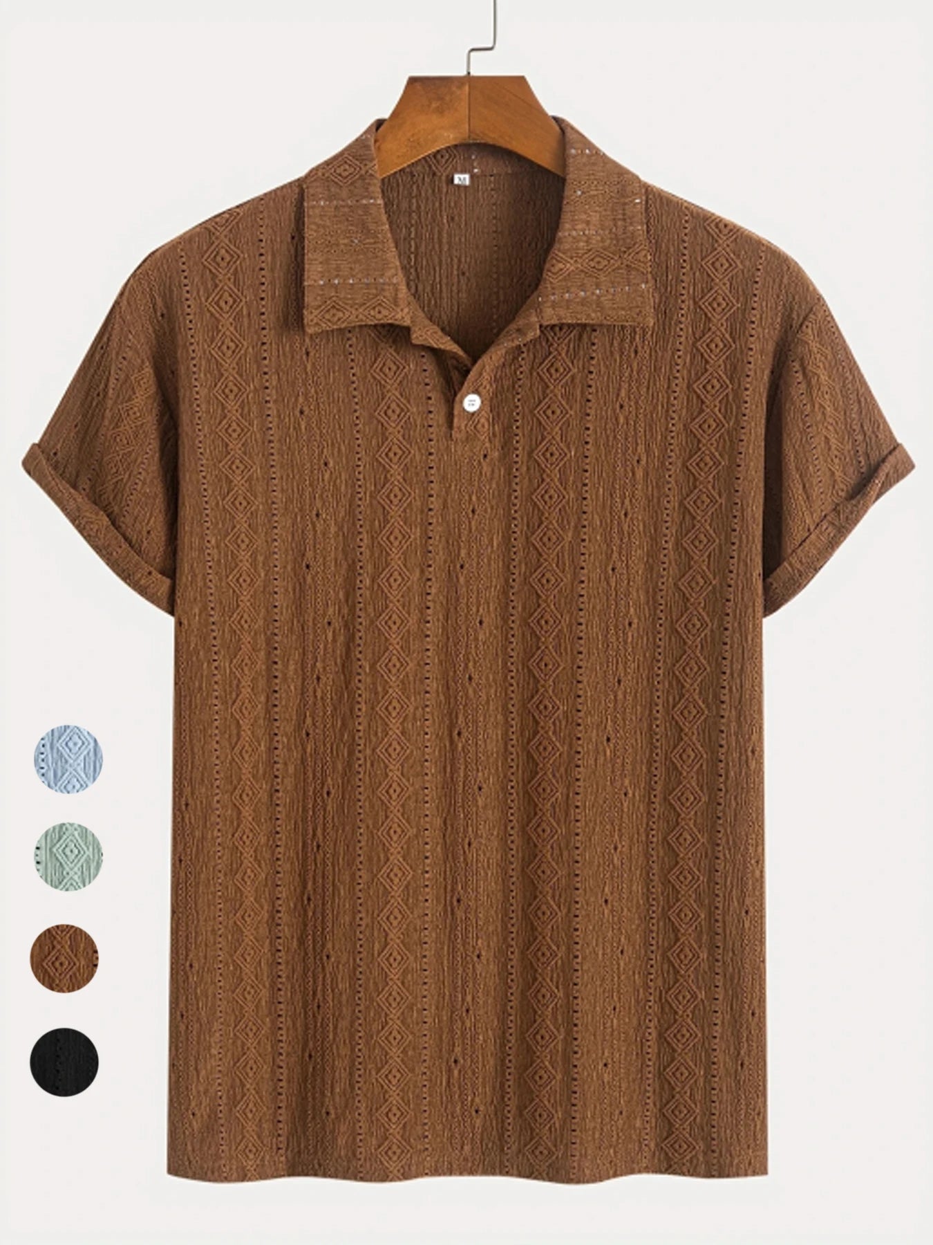 Brown textured polo shirt on a hanger with color swatches below.